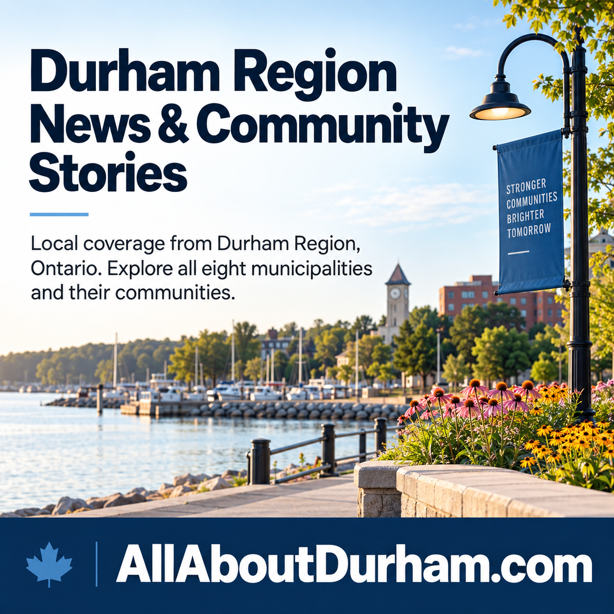 All About Durham square ad with waterfront community imagery and AllAboutDurham.com domain