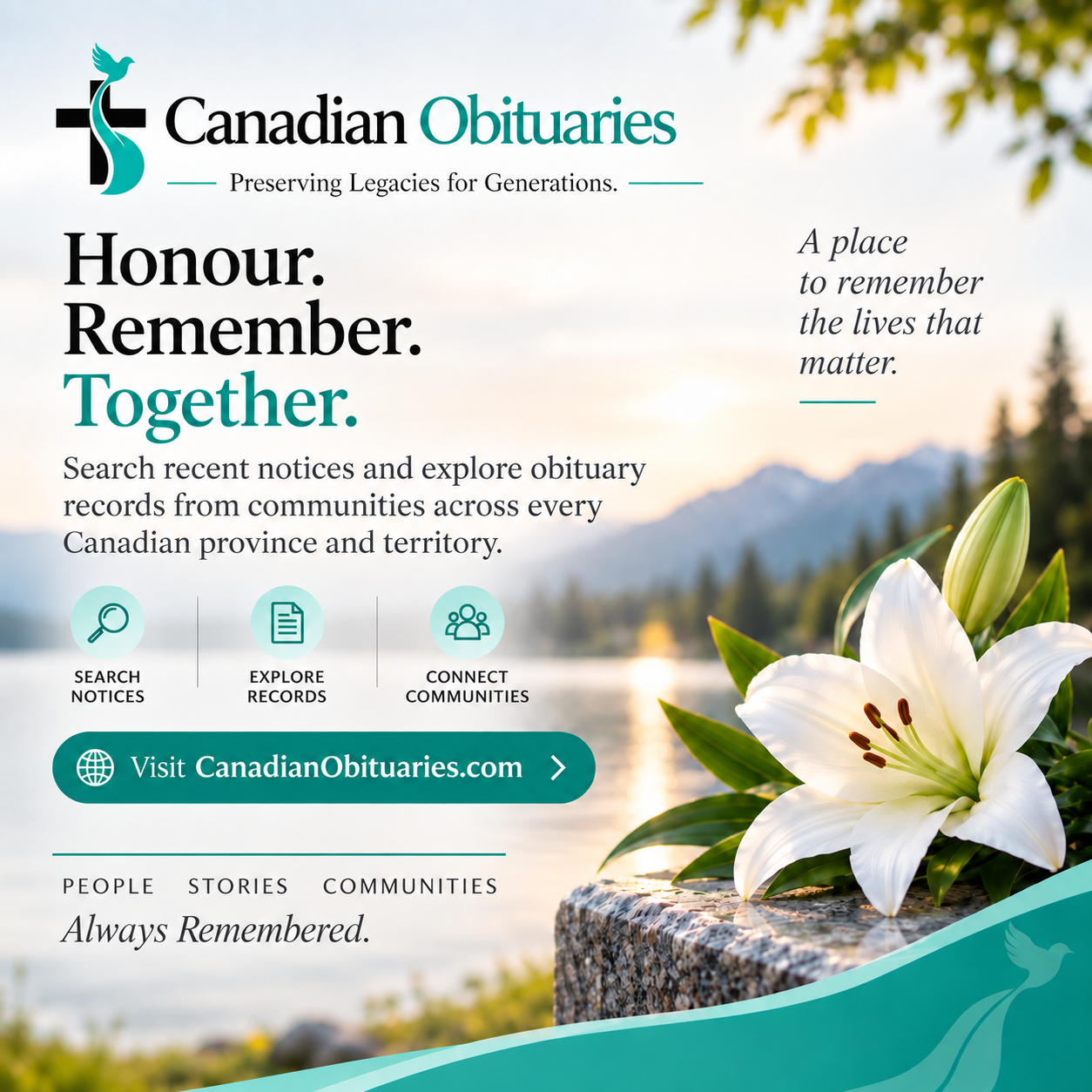 Canadian Obituaries square advertisement: Honour. Remember. Together. Visit CanadianObituaries.com