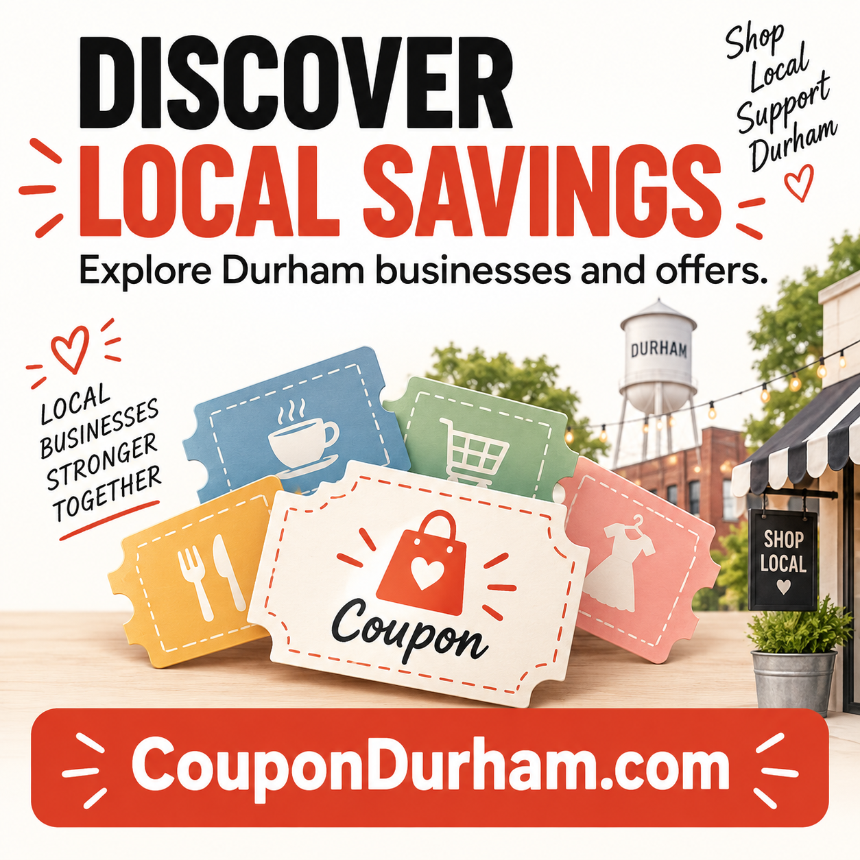 Coupon Durham square ad with illustrated coupons and CouponDurham.com domain