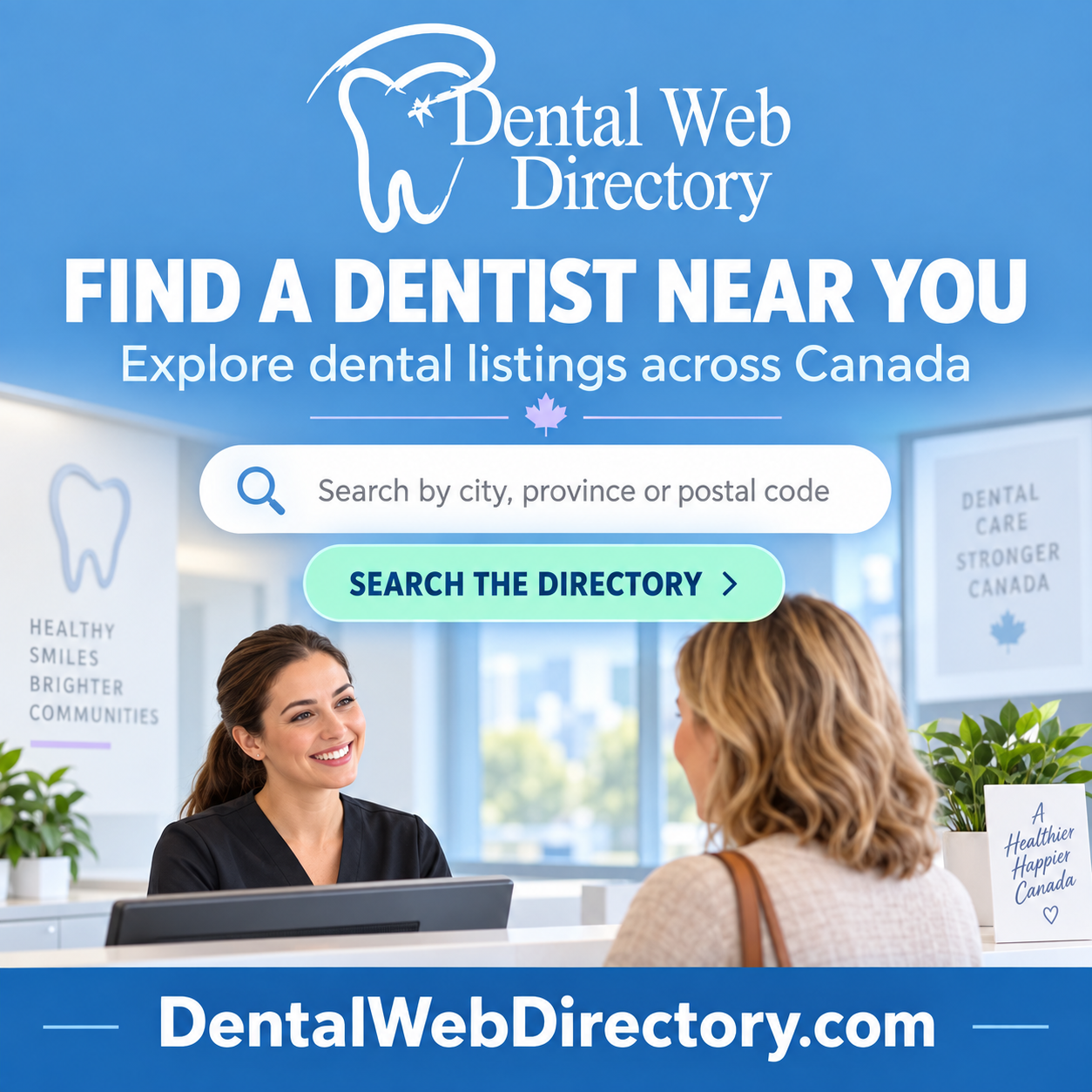 Dental Web Directory ad showing an illustrative dental office and the DentalWebDirectory.com domain