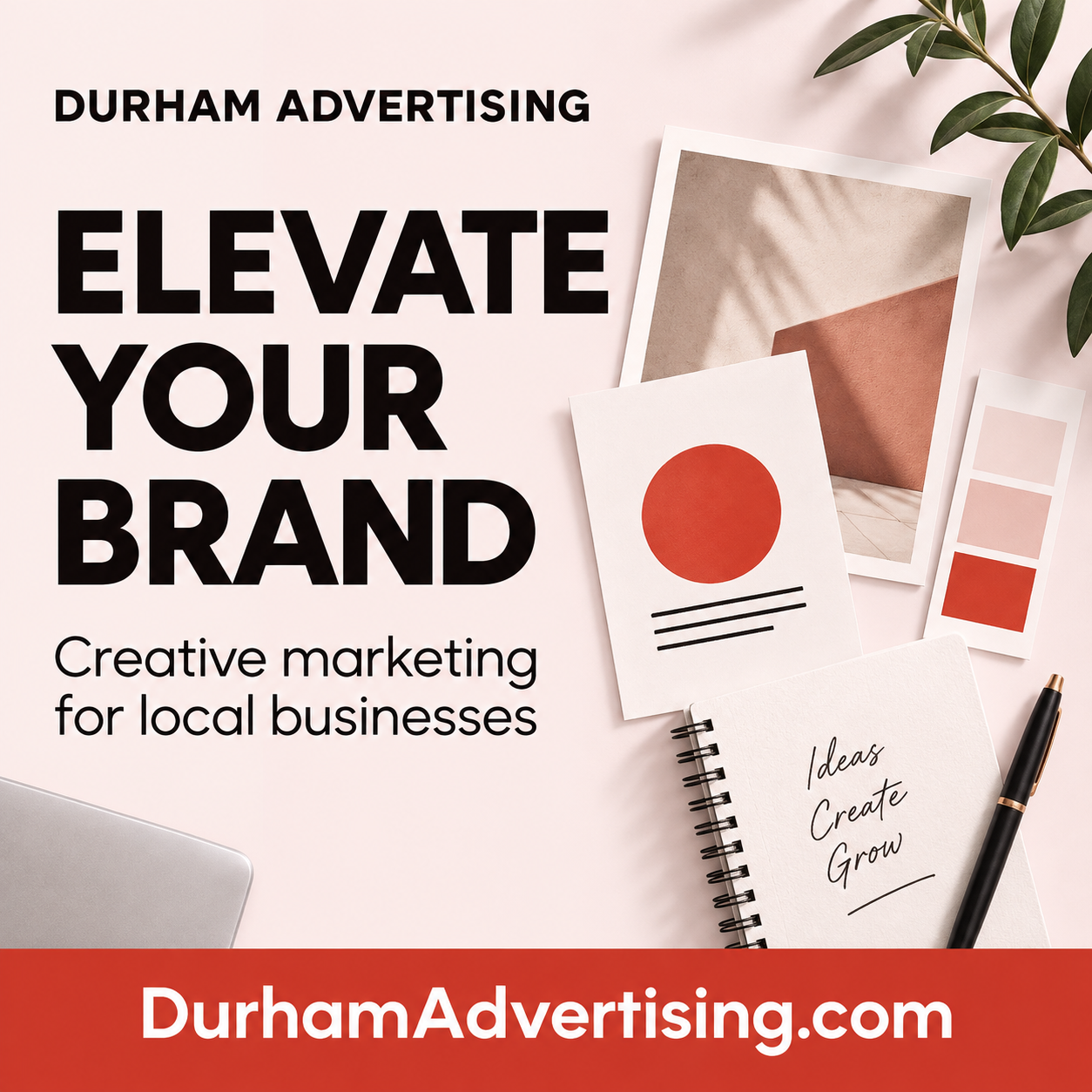 Durham Advertising square ad with design materials and DurhamAdvertising.com domain