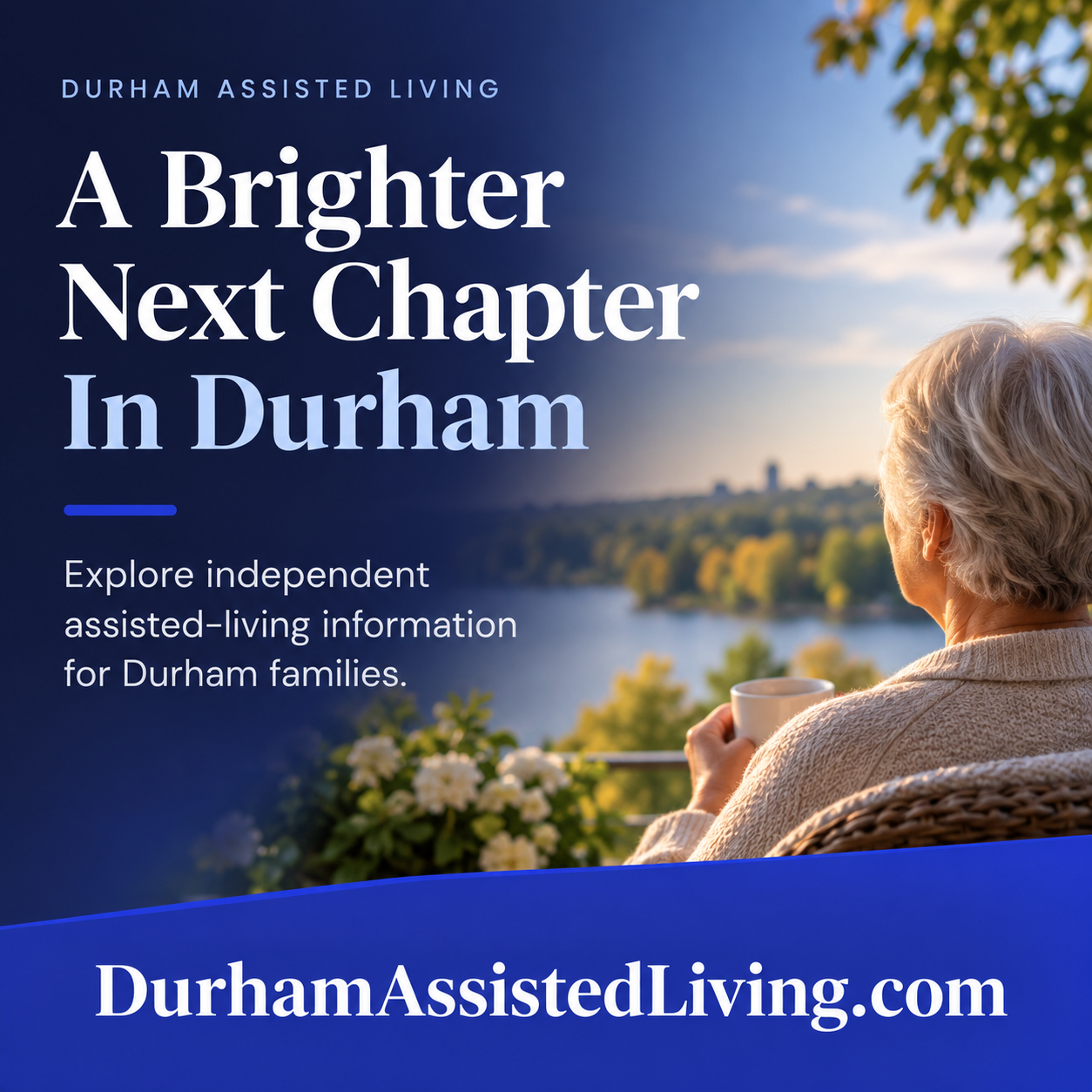 Durham Assisted Living square ad with older adult and DurhamAssistedLiving.com domain