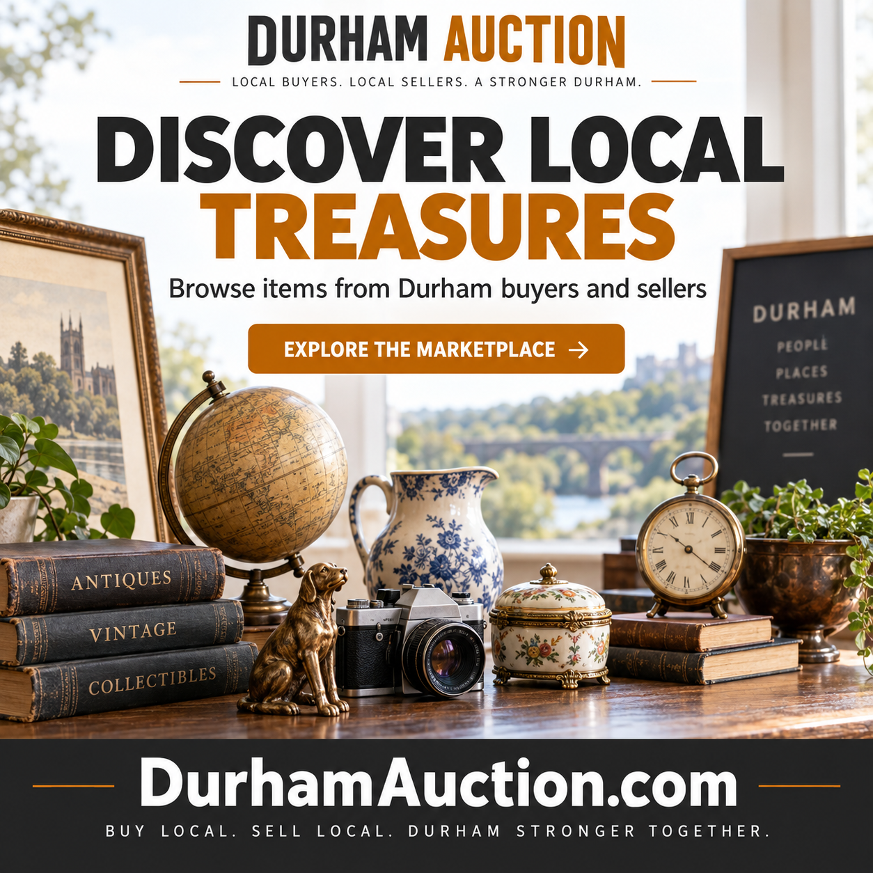 Durham Auction square ad with vintage items and the DurhamAuction.com domain