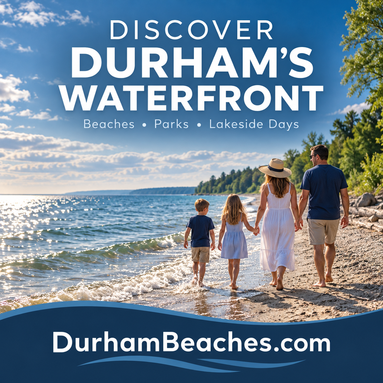 Durham Beaches square ad with family by a lake and DurhamBeaches.com domain