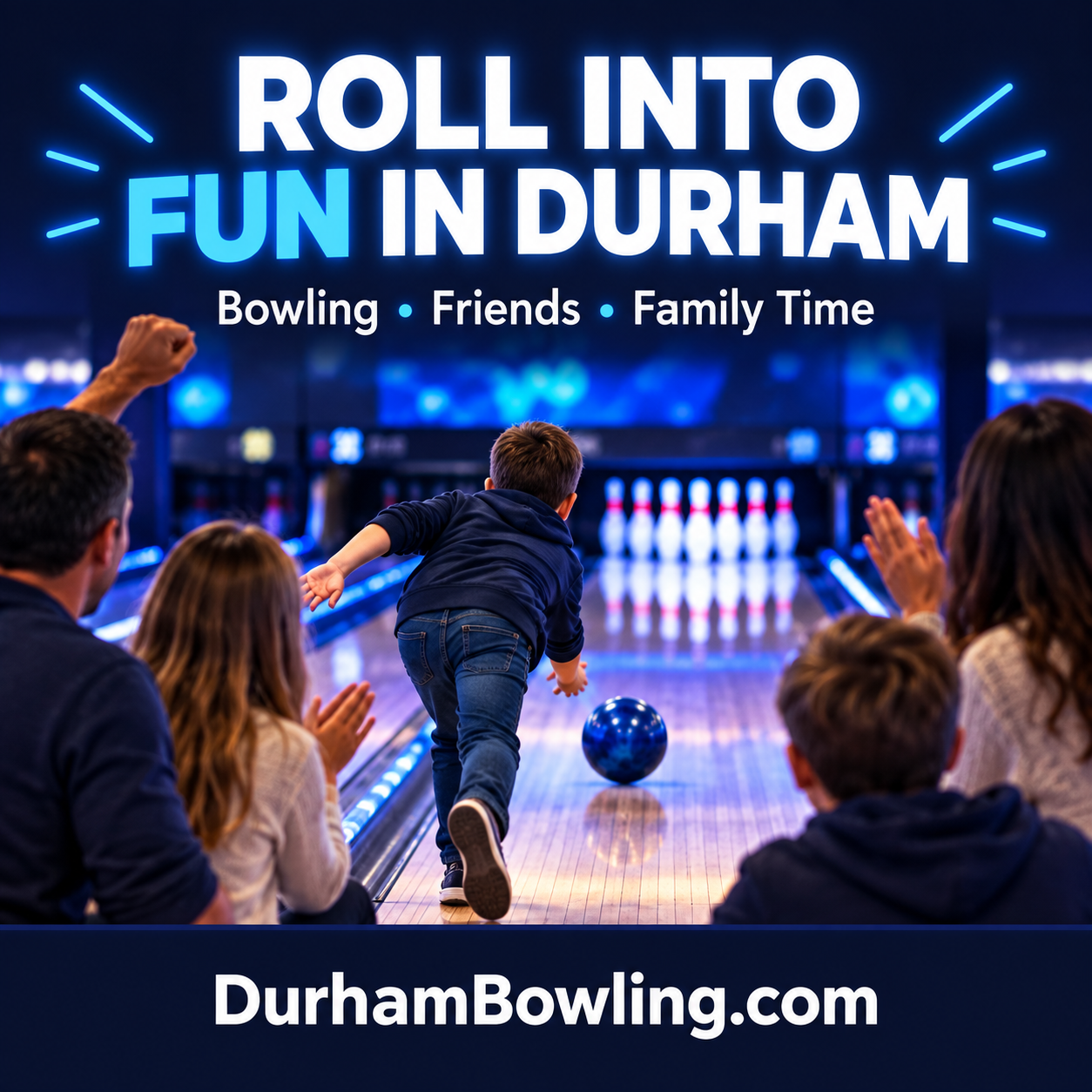 Durham Bowling square ad with bowling imagery and DurhamBowling.com domain