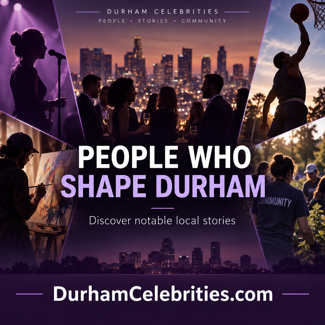 Durham Celebrities square ad with illustrative community talent and DurhamCelebrities.com domain
