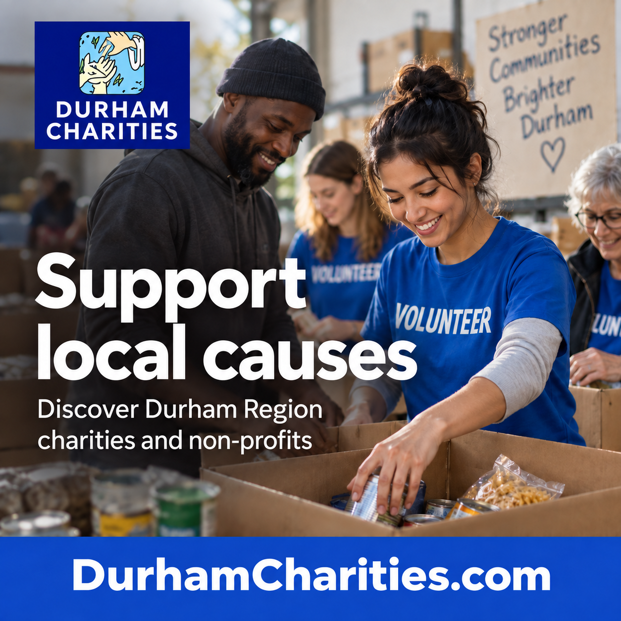 Durham Charities square ad with illustrative volunteers and DurhamCharities.com domain