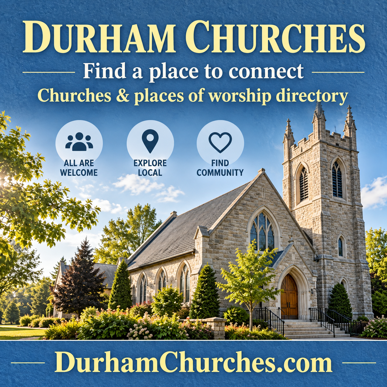 Durham Churches square ad with an illustrative church and DurhamChurches.com domain