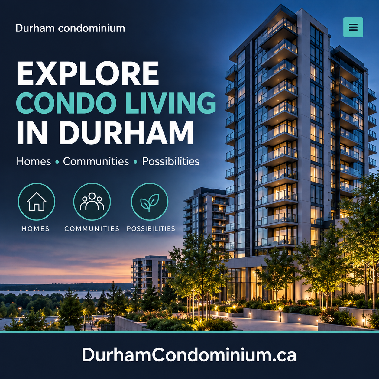 Durham Condominium square ad with condominium imagery and DurhamCondominium.ca domain