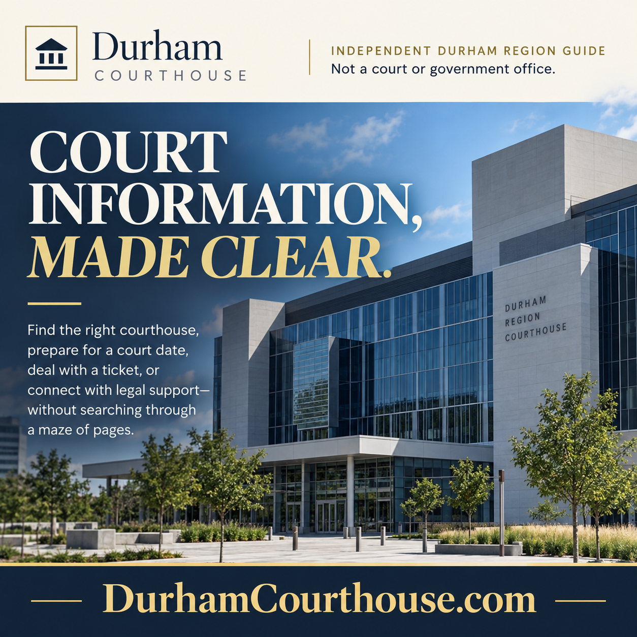 Durham Courthouse independent guide square ad with courthouse image, disclaimer, and DurhamCourthouse.com domain