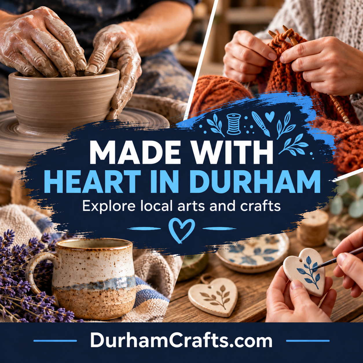Durham Crafts square ad with pottery and knitting imagery and DurhamCrafts.com domain