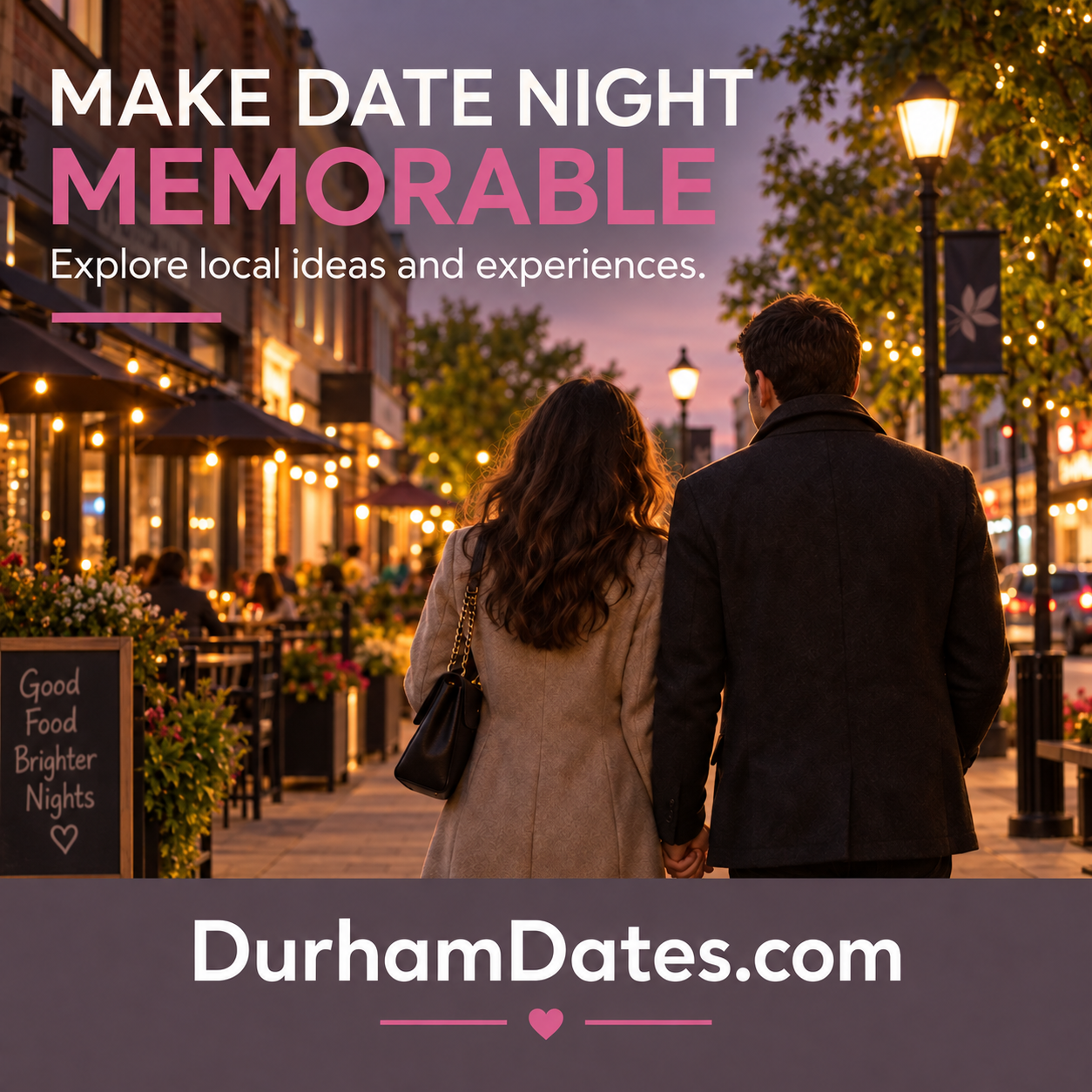 Durham Dates square ad with couple on Ontario-style main street and DurhamDates.com domain