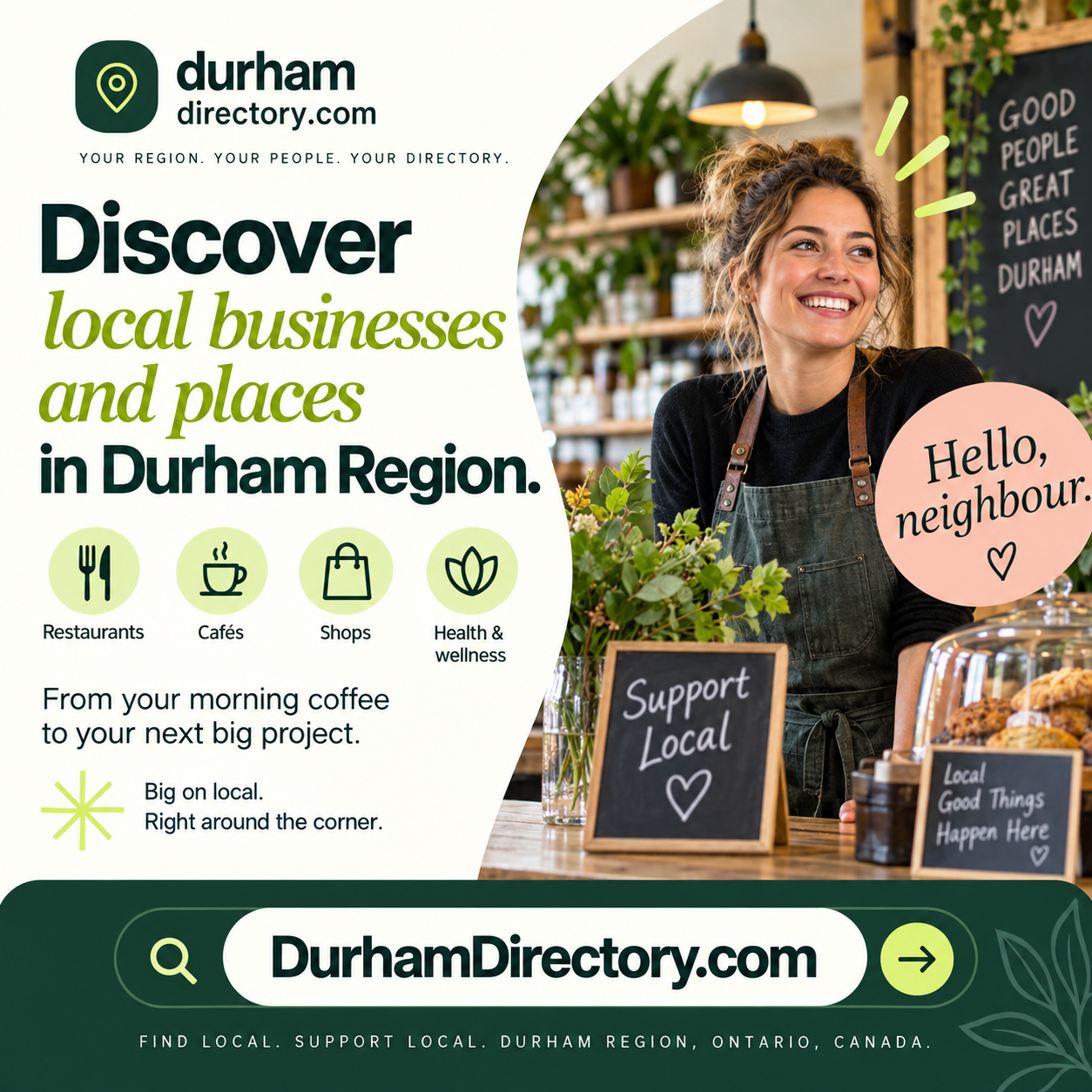 Durham Directory square ad with local shop and DurhamDirectory.com domain