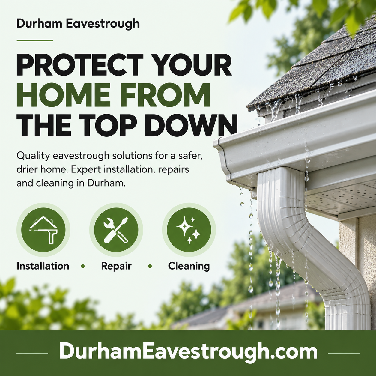 Durham Eavestrough square ad with residential gutters and DurhamEavestrough.com domain