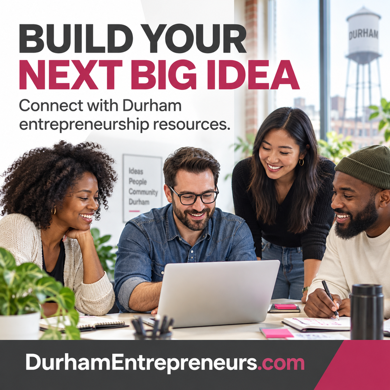 Durham Entrepreneurs square ad with business imagery and DurhamEntrepreneurs.com domain