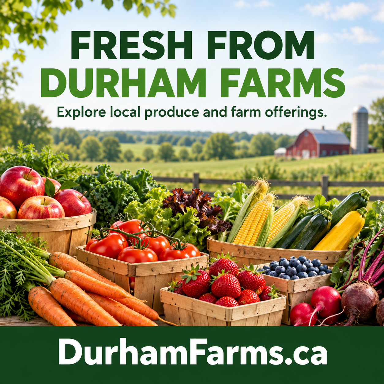 Durham Farms square ad with produce and DurhamFarms.ca domain