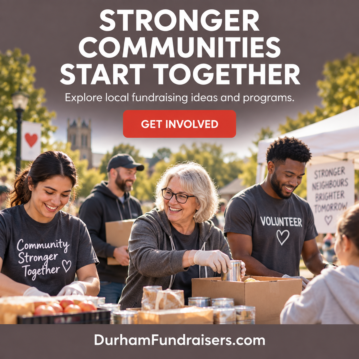 Durham Fundraisers square ad with illustrative volunteers and DurhamFundraisers.com domain