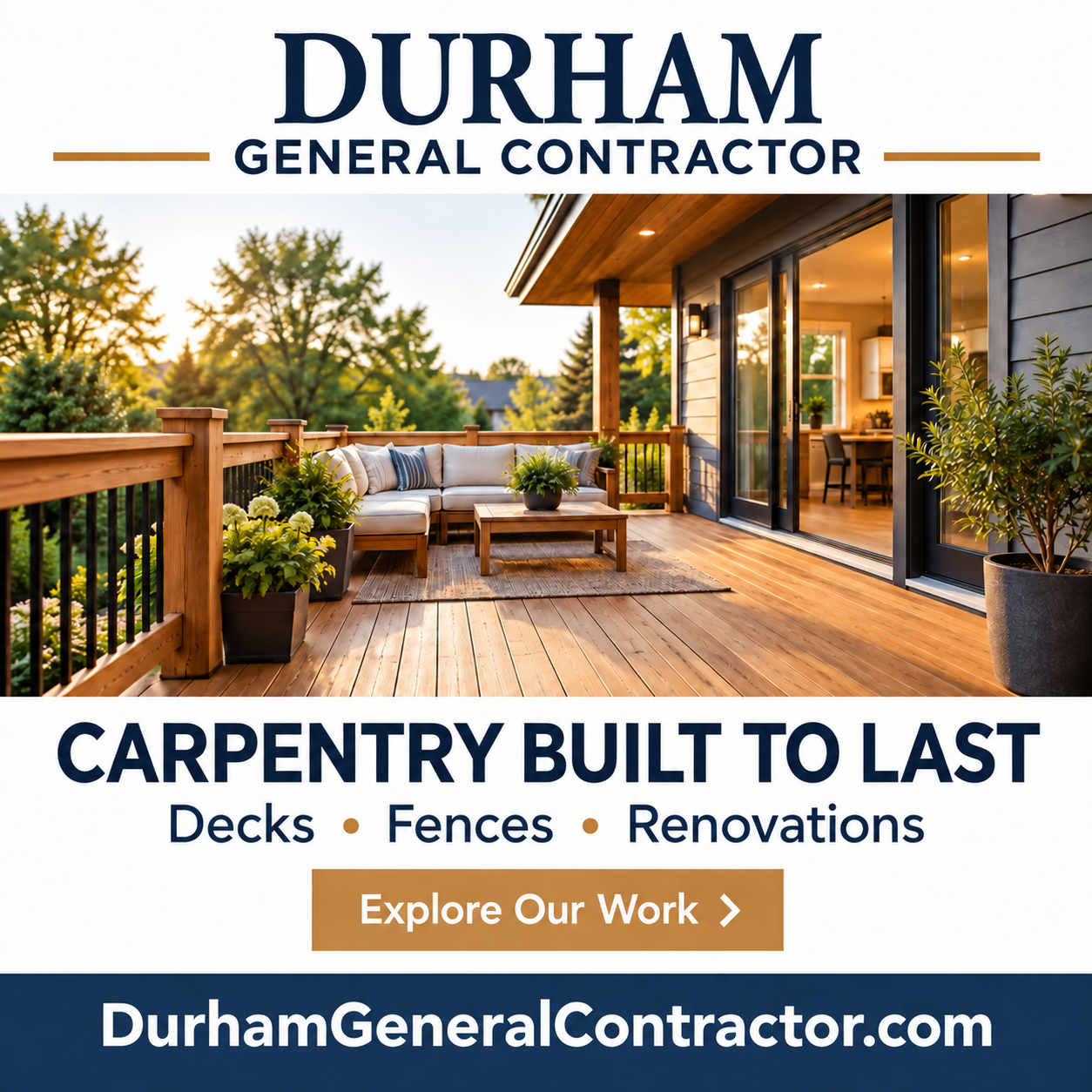 Durham General Contractor advertisement: carpentry, decks, fences and renovations in Durham Region.