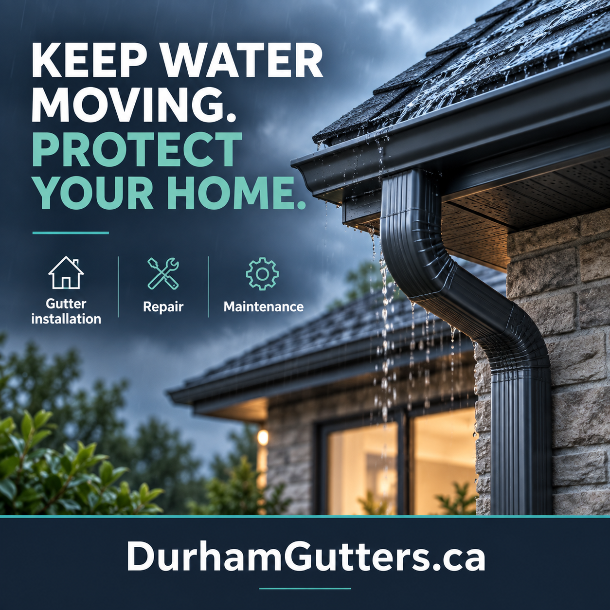 Durham Gutters square ad with roofline and DurhamGutters.ca domain