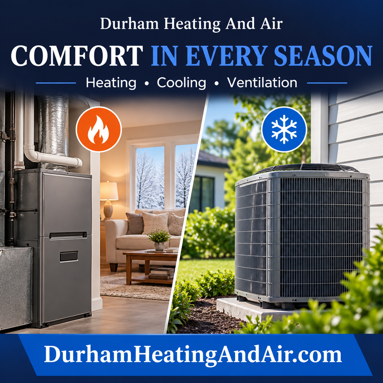 Durham Heating and Air square ad with HVAC imagery and DurhamHeatingAndAir.com domain