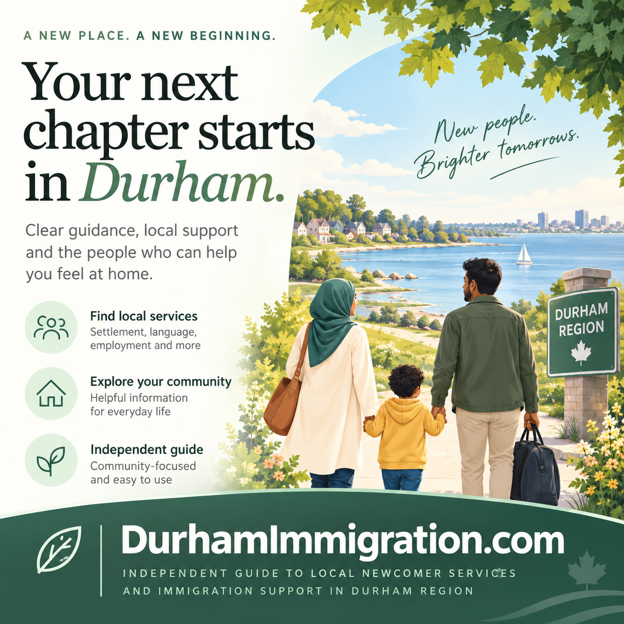 Durham Immigration independent guide square ad with newcomers and DurhamImmigration.com domain