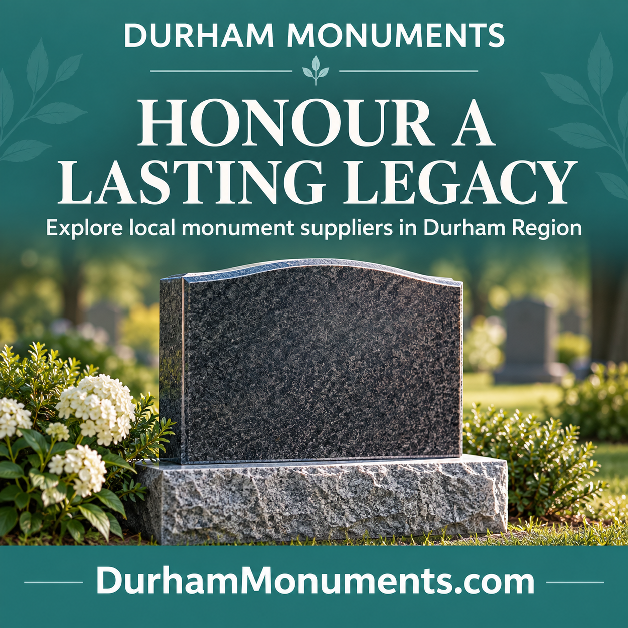 Durham Monuments square ad with a memorial stone and DurhamMonuments.com domain