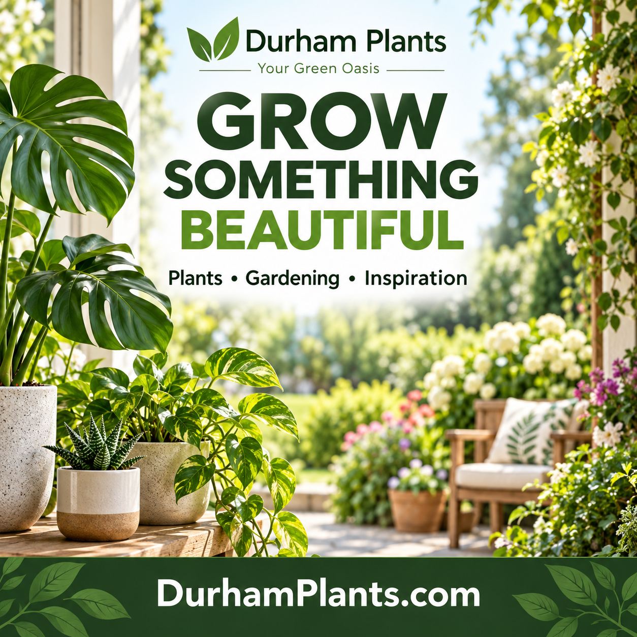 Durham Plants square ad with botanical imagery and DurhamPlants.com domain