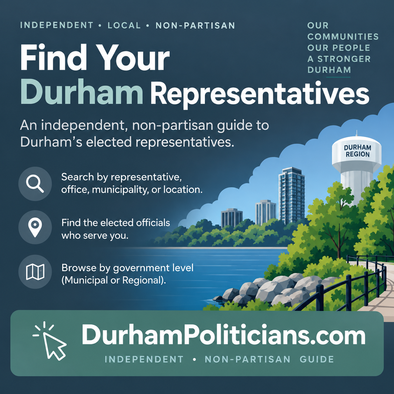 Durham Politicians independent non-partisan guide square ad with DurhamPoliticians.com domain