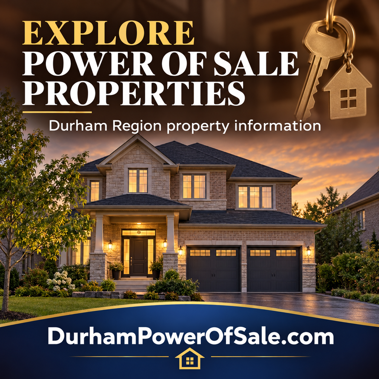 Durham Power of Sale square ad with home, keys, and DurhamPowerOfSale.com domain