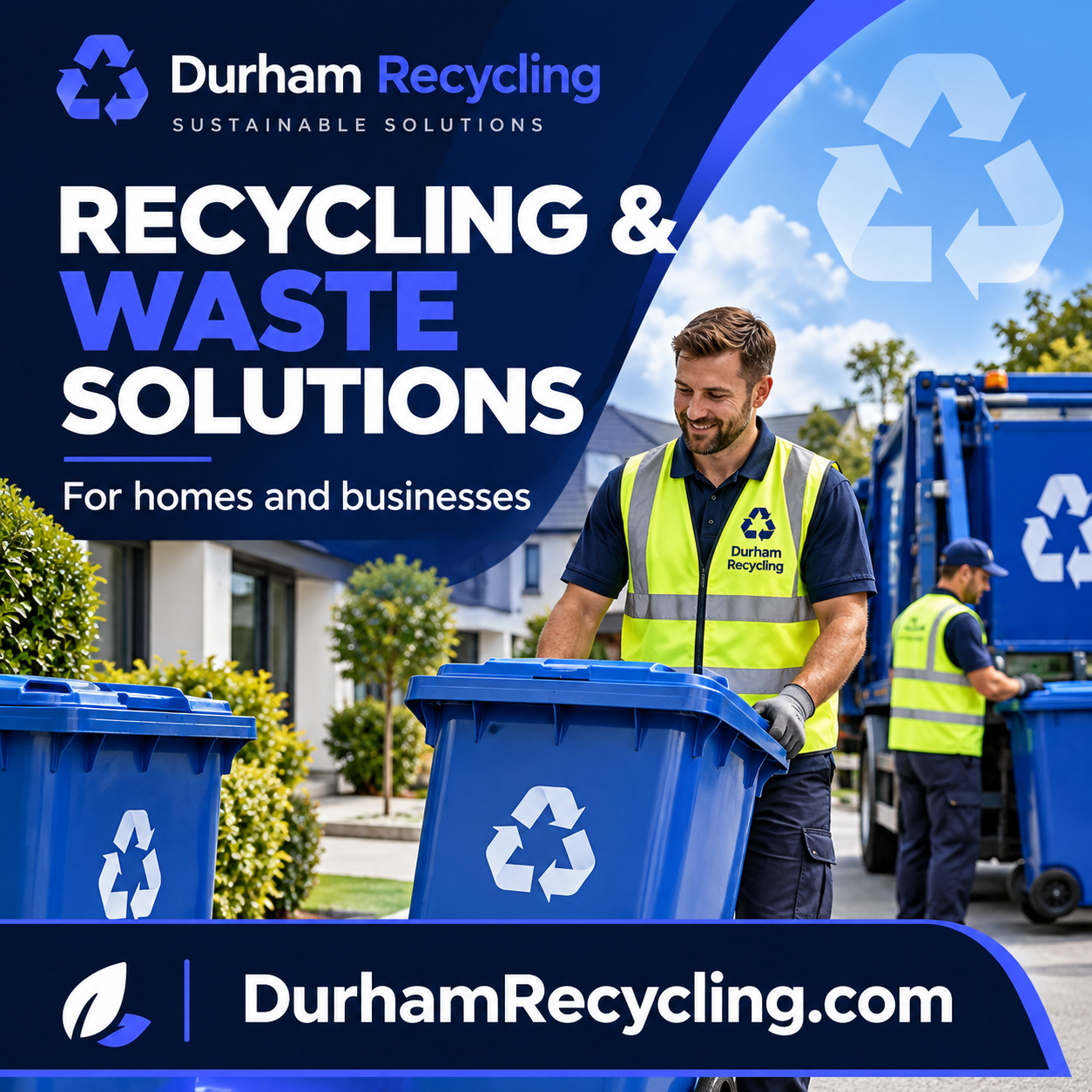 Durham Recycling square ad with recycling bins and DurhamRecycling.com domain