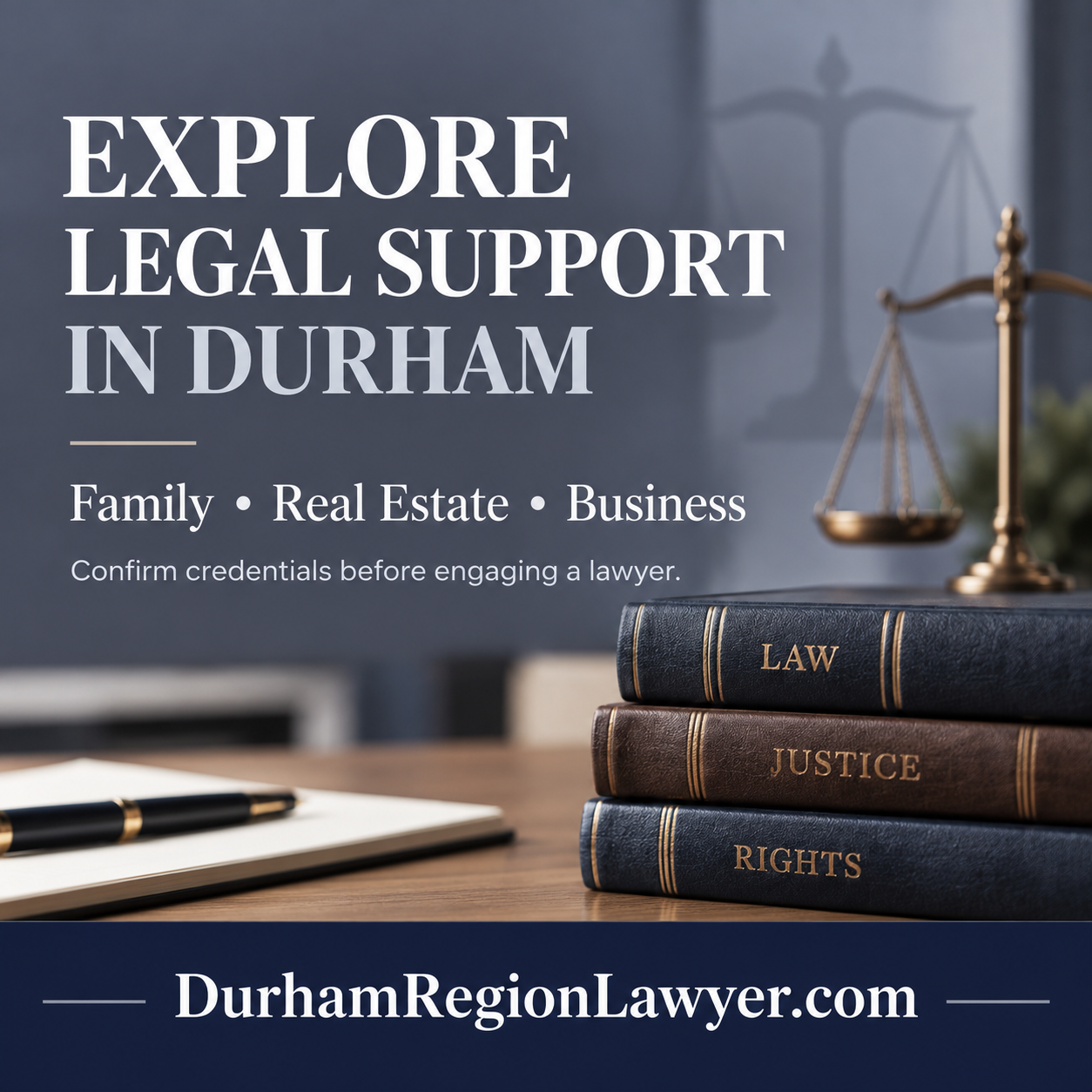 Durham Region Lawyer square ad with legal imagery and DurhamRegionLawyer.com domain