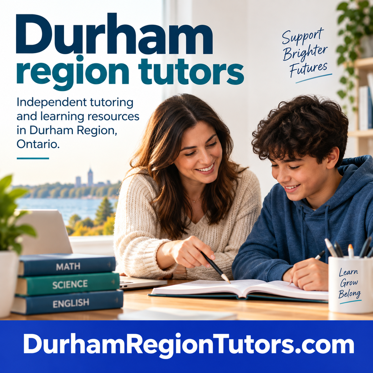 Durham Region Tutors square ad with tutor and student and DurhamRegionTutors.com domain
