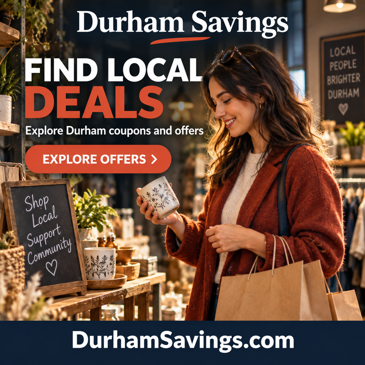 Durham Savings square ad with shopping imagery and the DurhamSavings.com domain