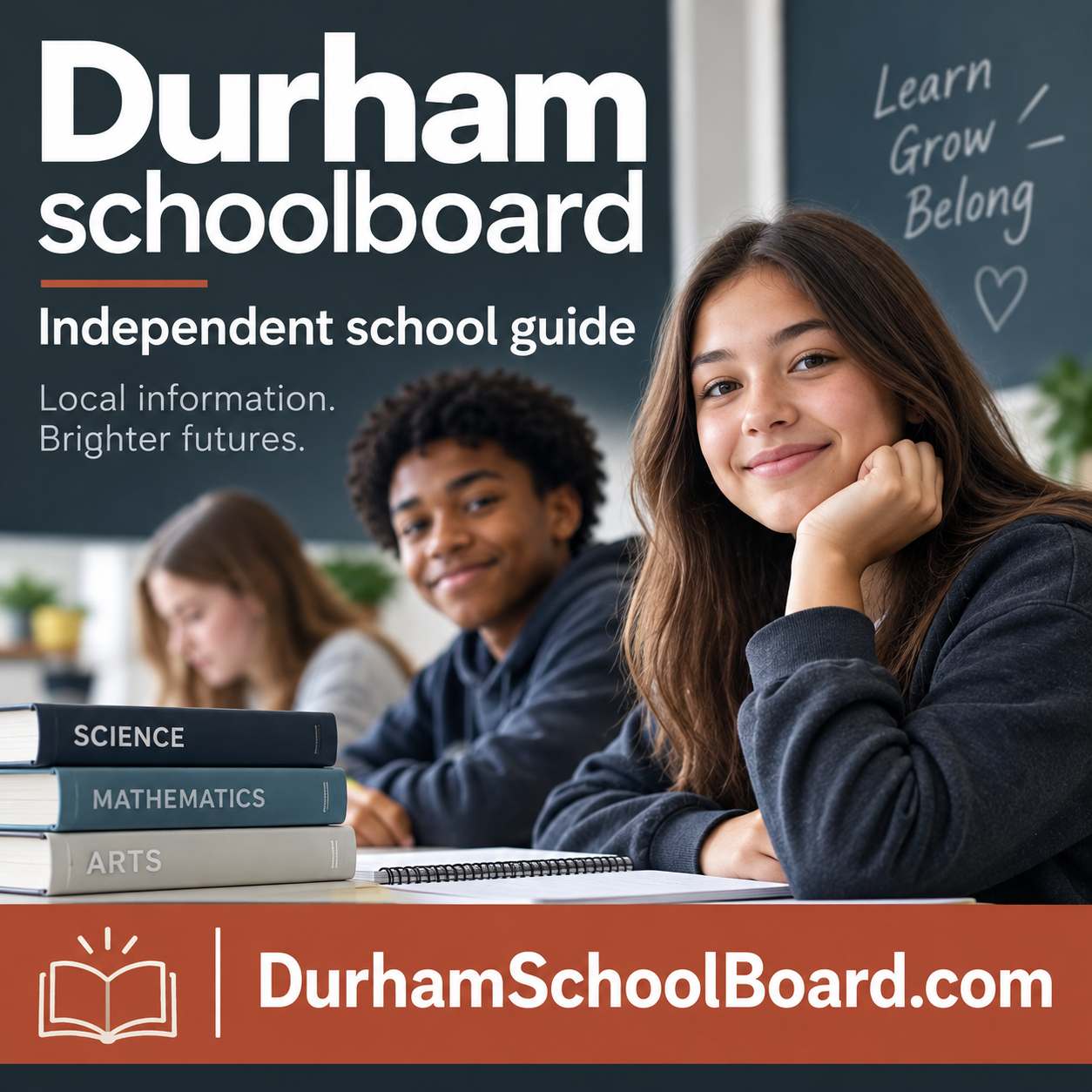 Durham Schoolboard independent school guide square ad with students and DurhamSchoolBoard.com domain