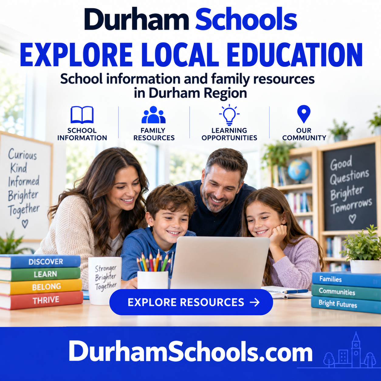 Durham Schools square ad with education imagery and the DurhamSchools.com domain