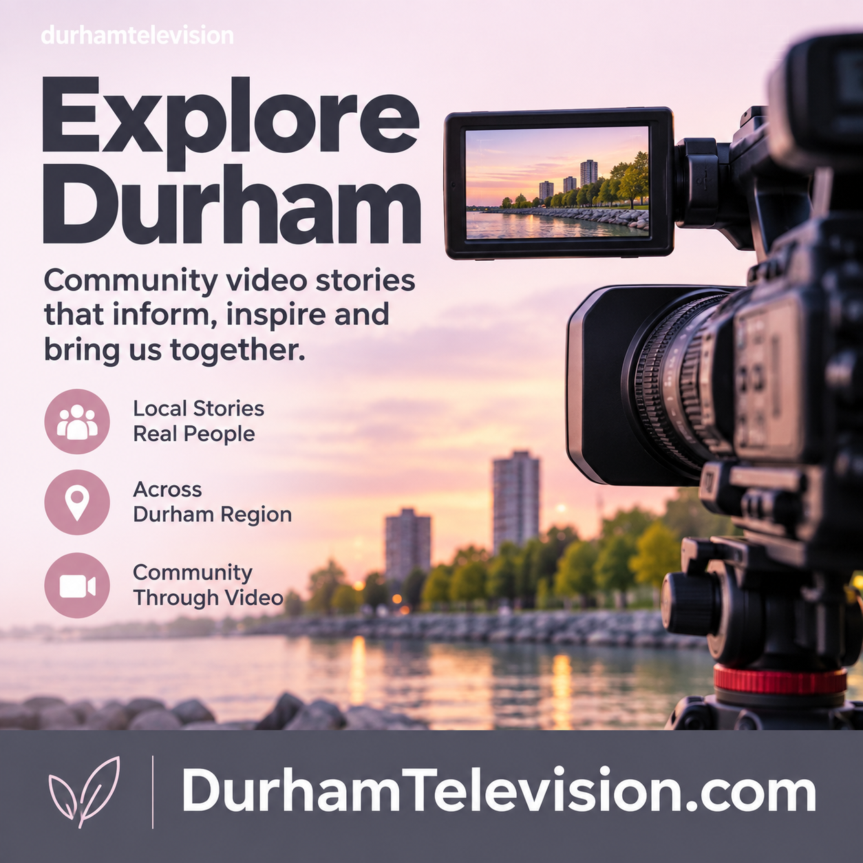 Durham Television square ad with video camera and DurhamTelevision.com domain