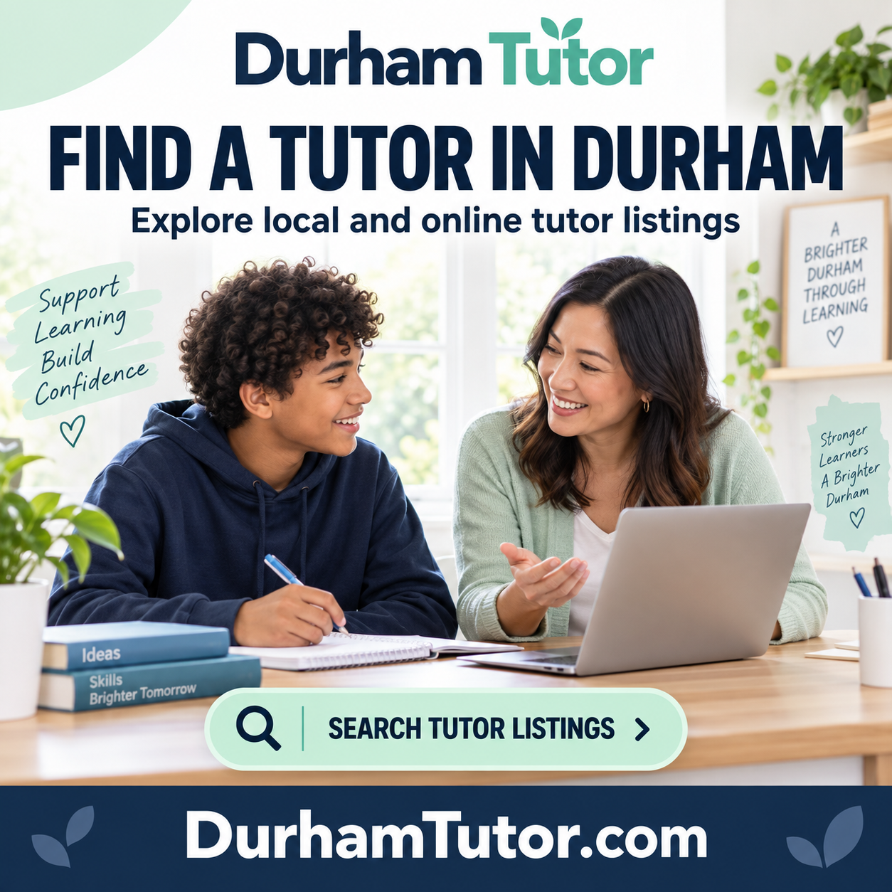 Durham Tutor square ad with learning illustrations and the DurhamTutor.com domain
