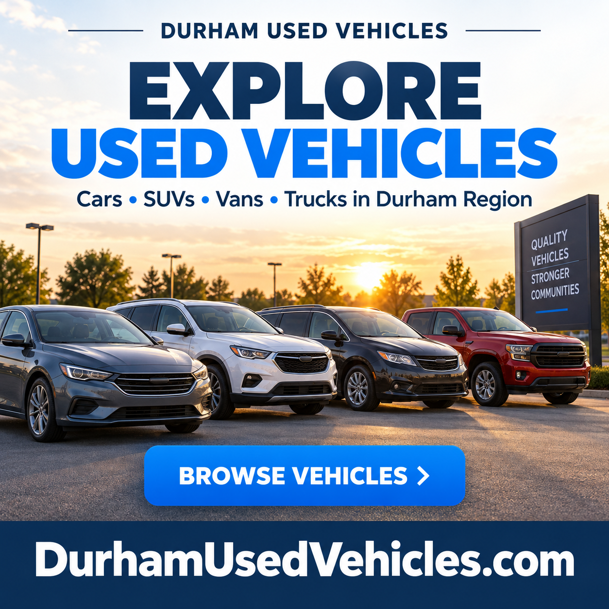 Durham Used Vehicles square ad with cars and the DurhamUsedVehicles.com domain