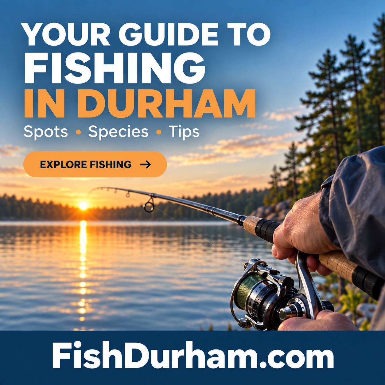 Fish Durham square ad with angler by a lake and FishDurham.com domain