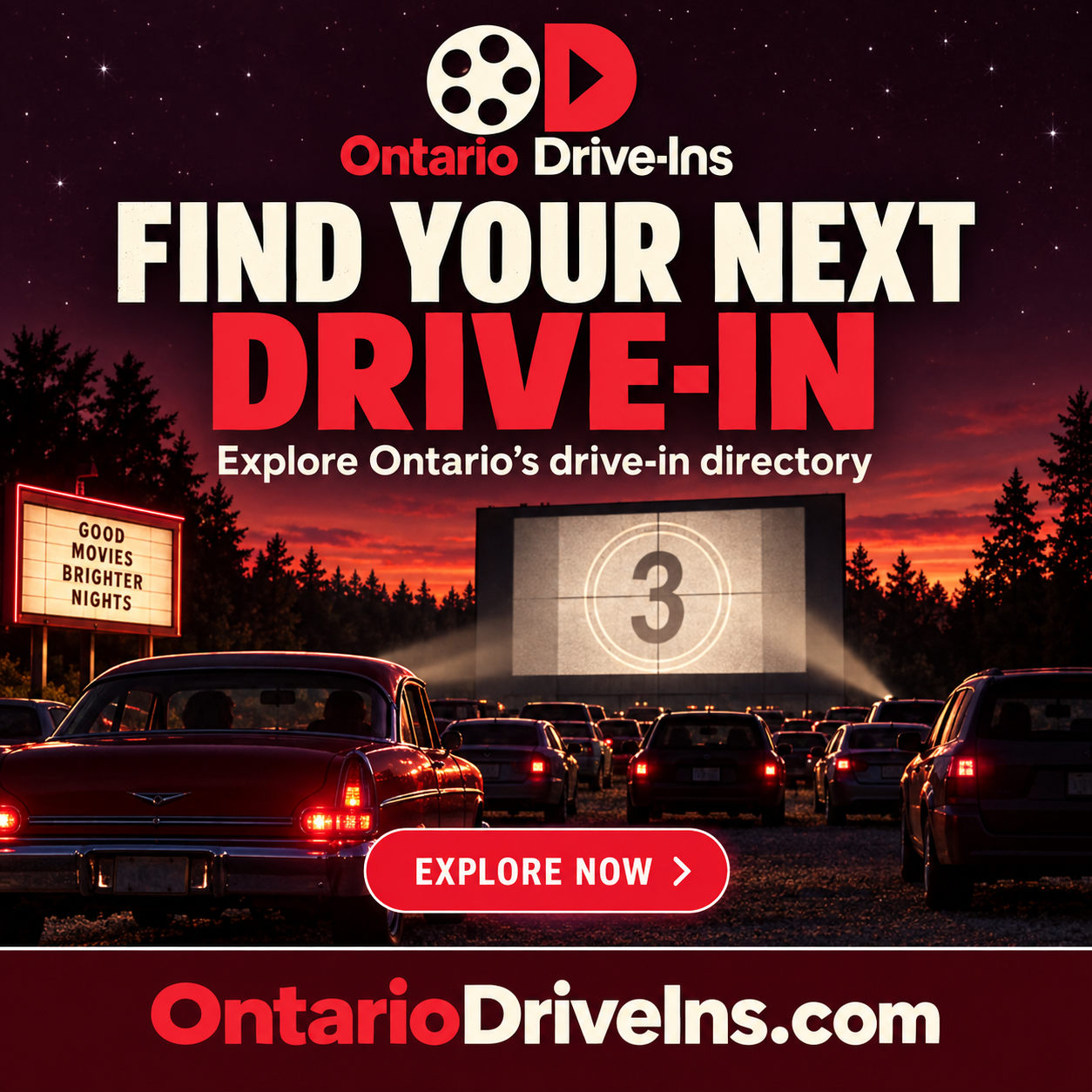 Ontario Drive-Ins ad showing an illustrative outdoor cinema and the OntarioDriveIns.com domain