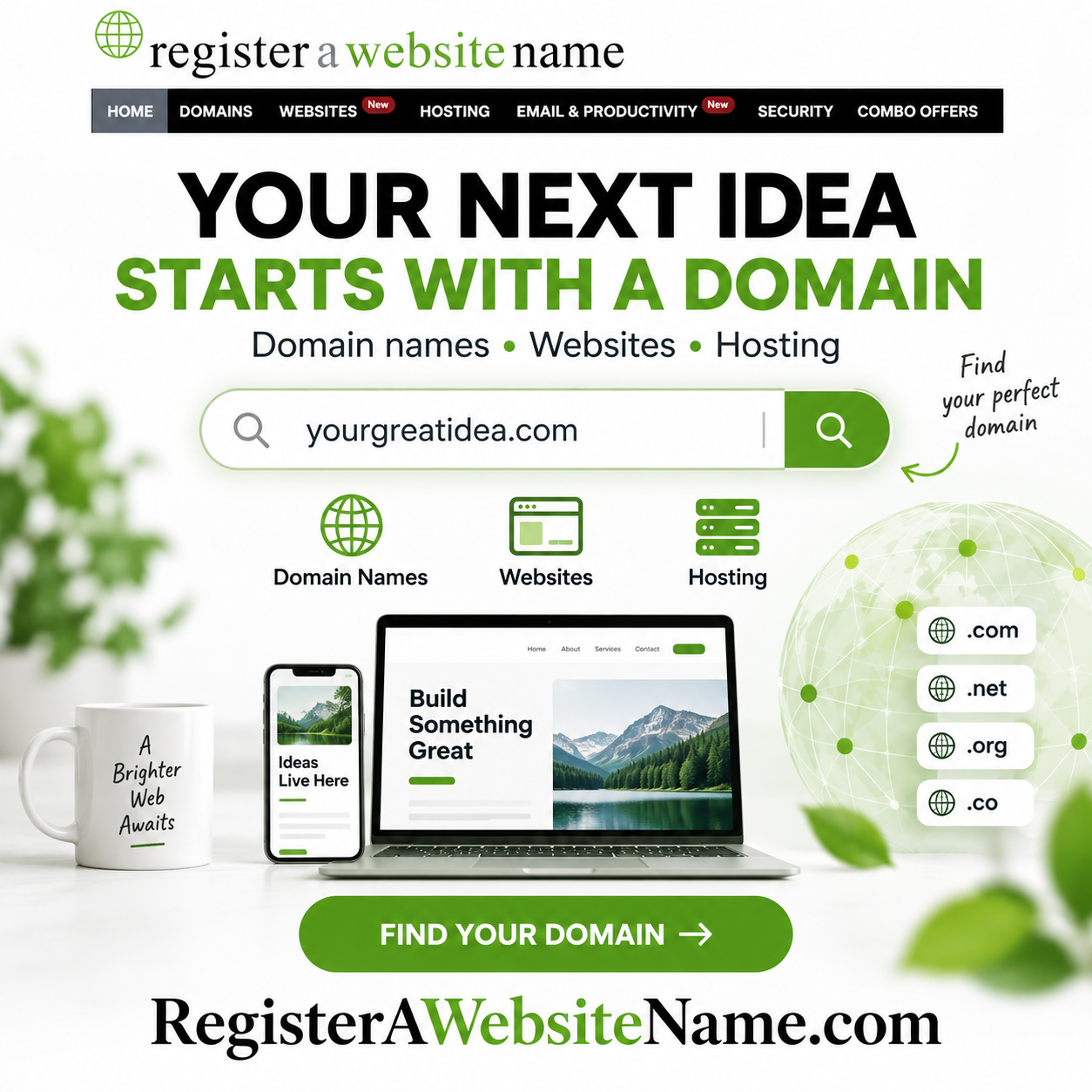 Register a Website Name square ad for domains, websites, and hosting with RegisterAWebsiteName.com domain