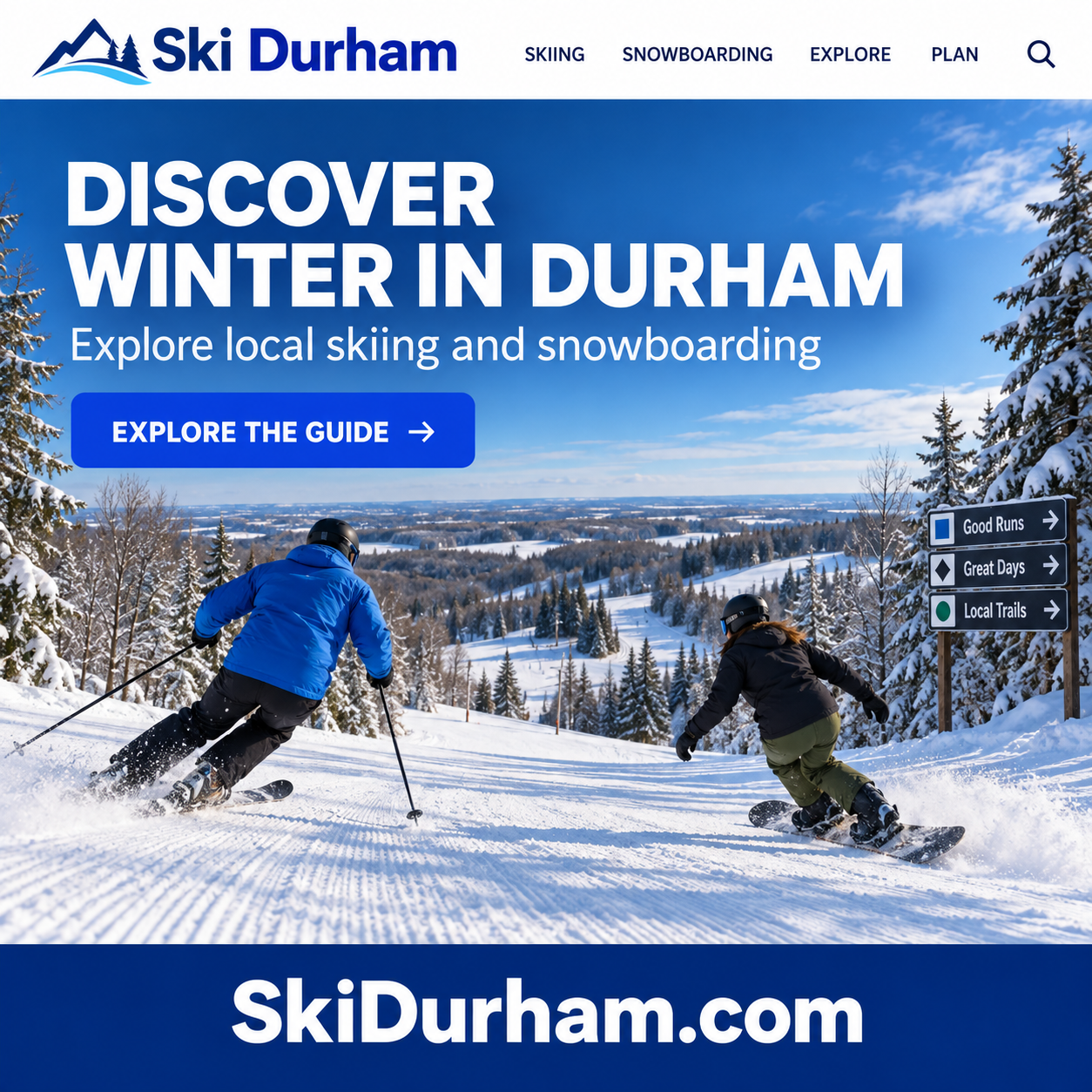 Ski Durham square ad with winter sports imagery and the SkiDurham.com domain