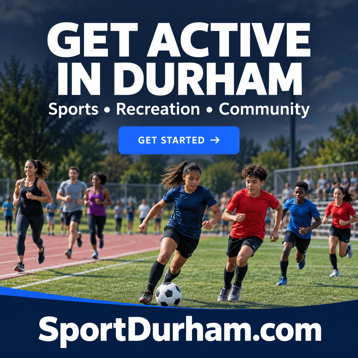 Sport Durham square ad with community athletes and SportDurham.com domain