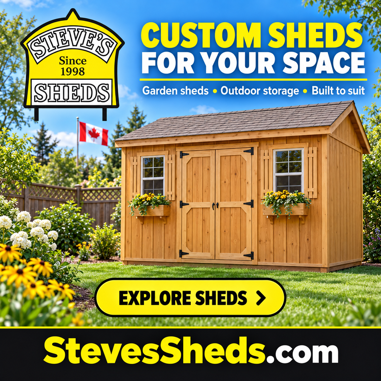 Steve’s Sheds square ad with a wooden garden shed and StevesSheds.com domain