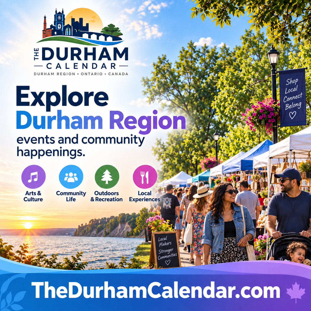 The Durham Calendar square ad with community market and TheDurhamCalendar.com domain