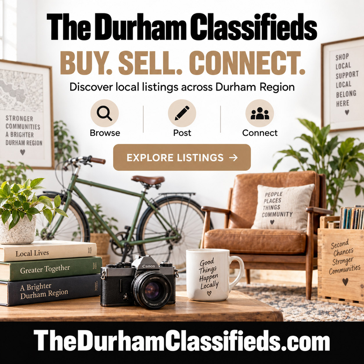 The Durham Classifieds ad showing local marketplace items and TheDurhamClassifieds.com domain