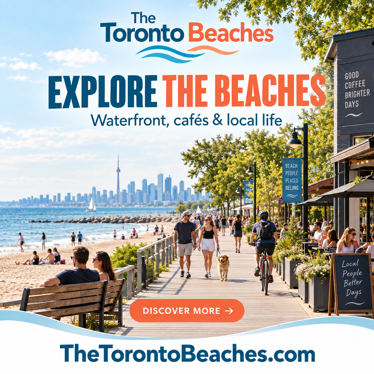 The Toronto Beaches square ad with Lake Ontario boardwalk and TheTorontoBeaches.com domain