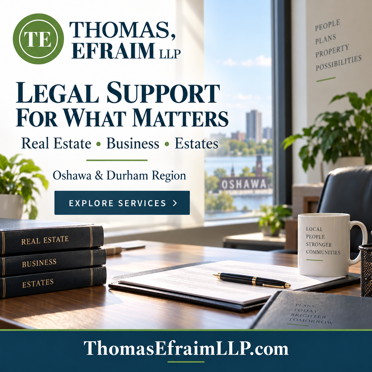 Thomas, Efraim LLP square ad for legal services in Oshawa with ThomasEfraimLLP.com domain