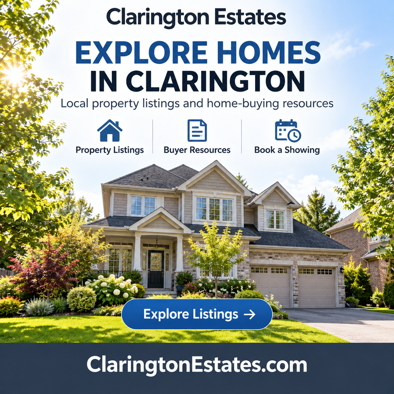 Clarington Estates square advertisement featuring ClaringtonEstates.com