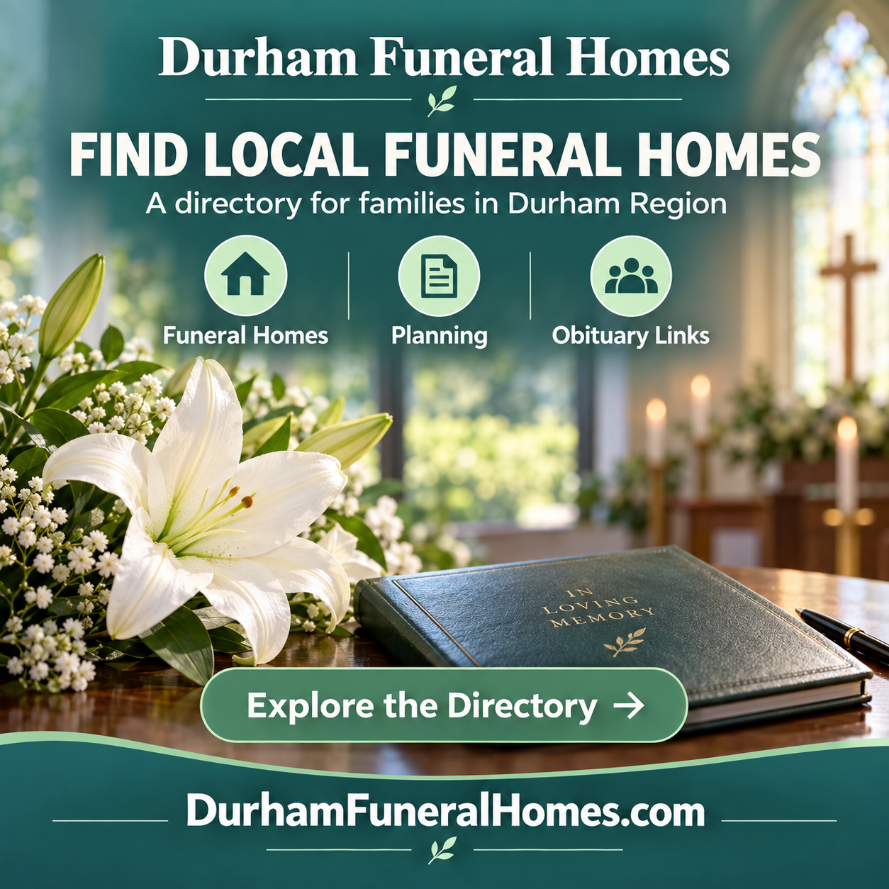 Durham Funeral Homes square advertisement featuring DurhamFuneralHomes.com